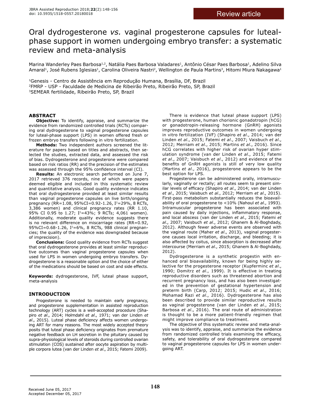 Oral Dydrogesterone Vs. Vaginal Progesterone Capsules for Luteal- Phase Support in Women Undergoing Embryo Transfer: a Systematic Review and Meta-Analysis