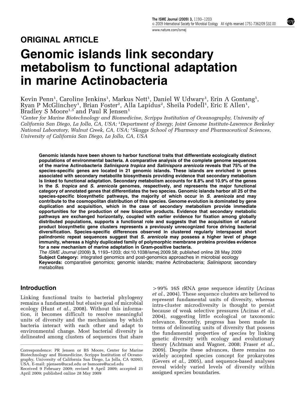 Genomic Islands Link Secondary Metabolism to Functional Adaptation in Marine Actinobacteria