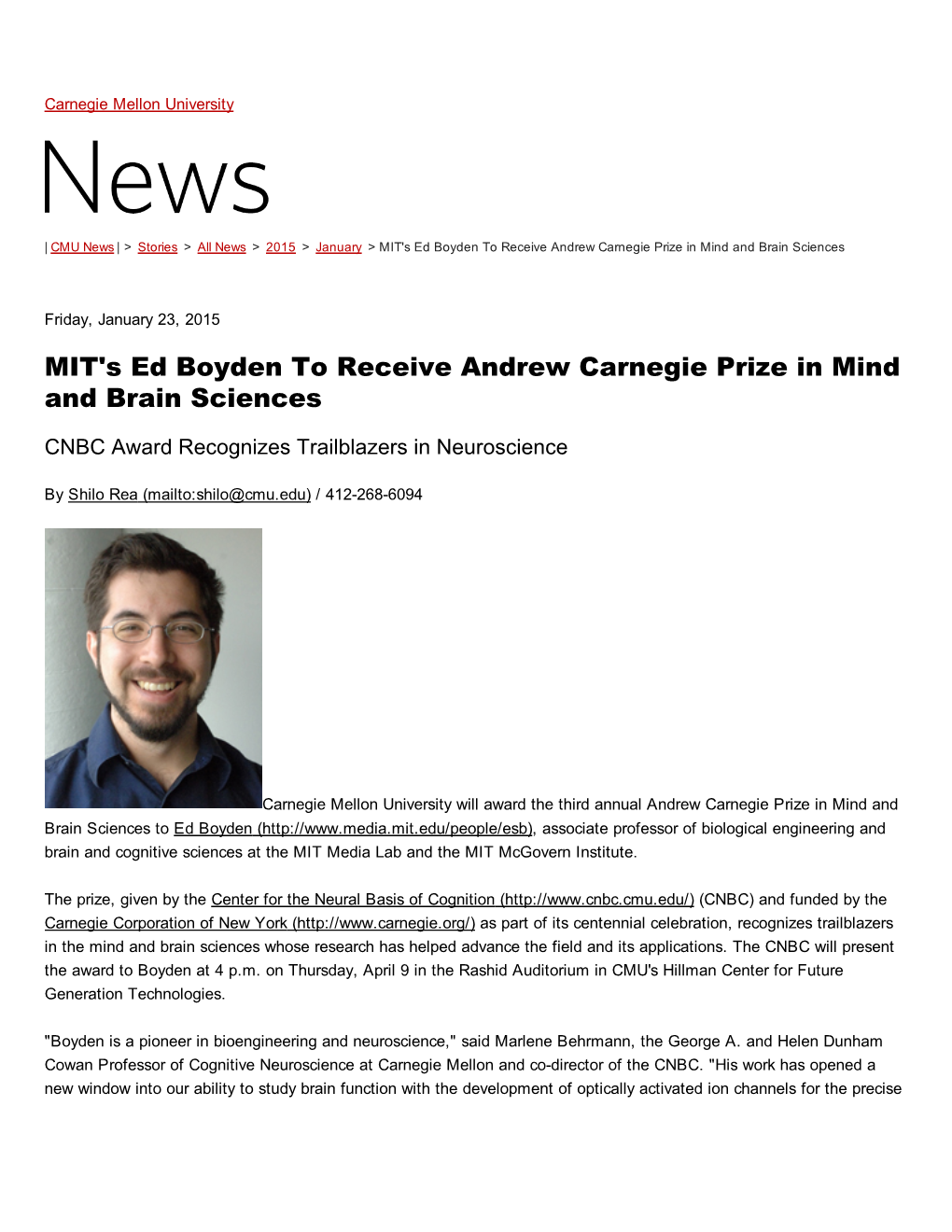 MIT's Ed Boyden to Receive Andrew Carnegie Prize in Mind and Brain Sciences­CMU News ­ Carnegie Mellon University