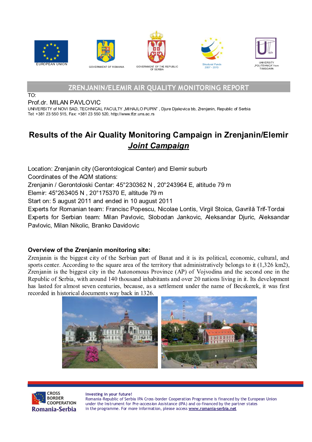 Results of the Air Quality Monitoring Campaign in Zrenjanin/Elemir Joint Campaign