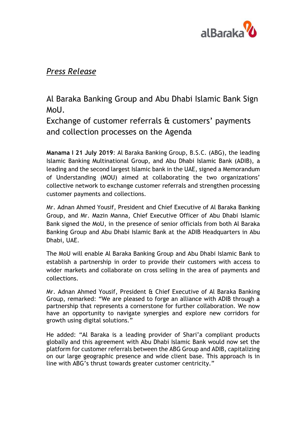 Press Release Al Baraka Banking Group and Abu