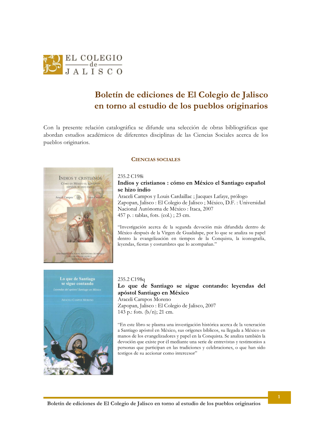 Boletín De Ediciones De El Colegio De Jalisco En Torno Al Estudio De Los Pueblos Originarios