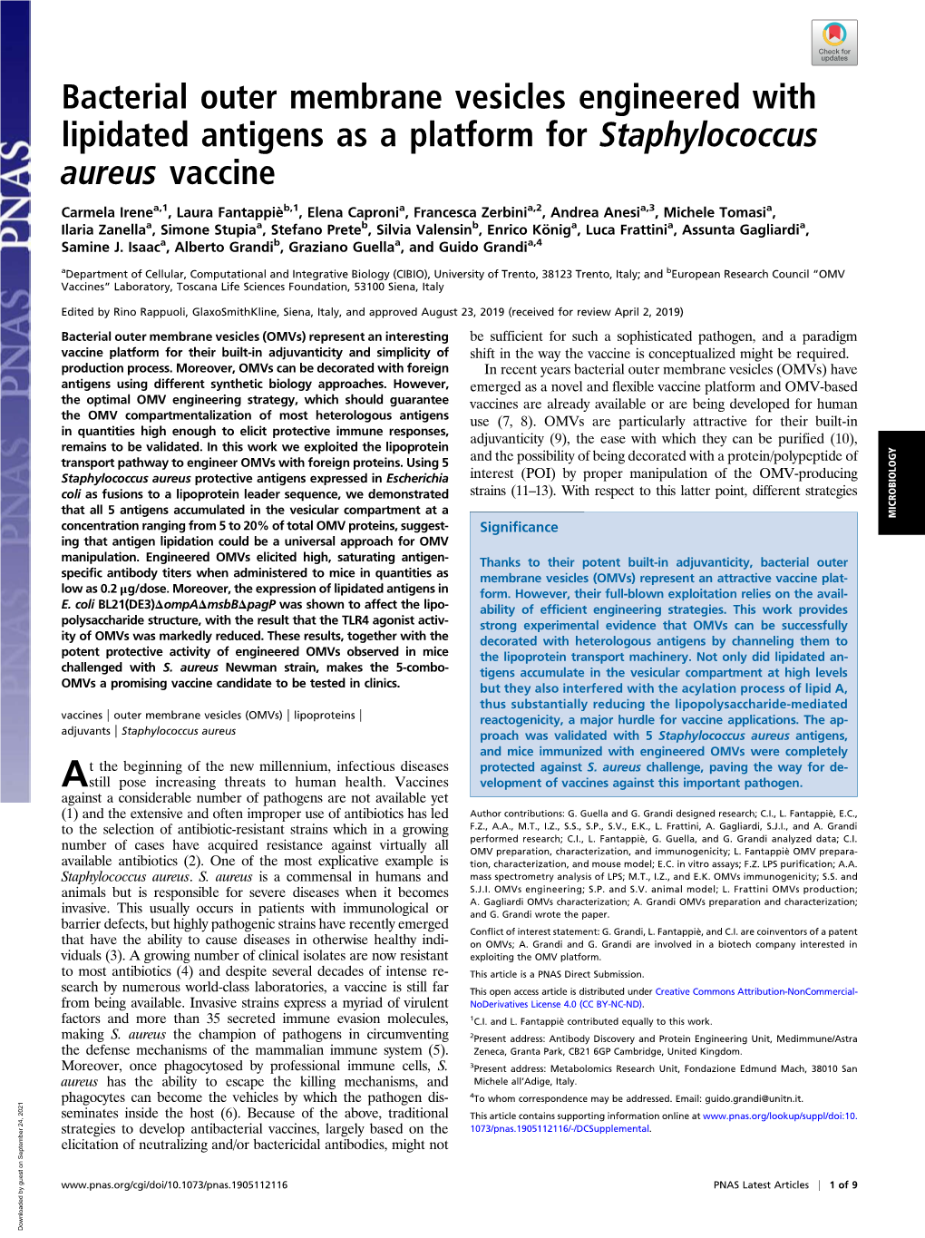 Bacterial Outer Membrane Vesicles Engineered with Lipidated Antigens As a Platform for Staphylococcus Aureus Vaccine