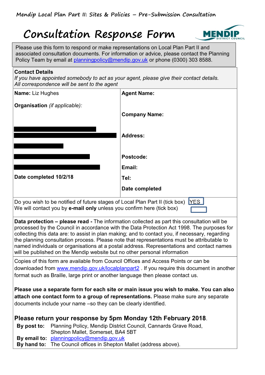 Consultation Response Form Please Use This Form to Respond Or Make Representations on Local Plan Part II and Associated Consultation Documents