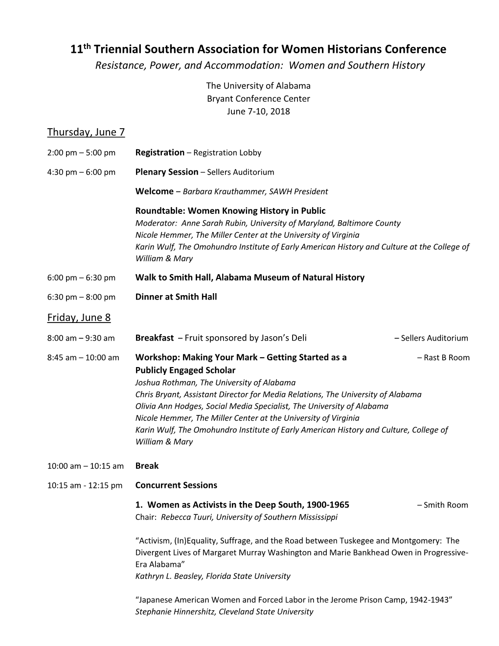 11Th Triennial Southern Association for Women Historians Conference