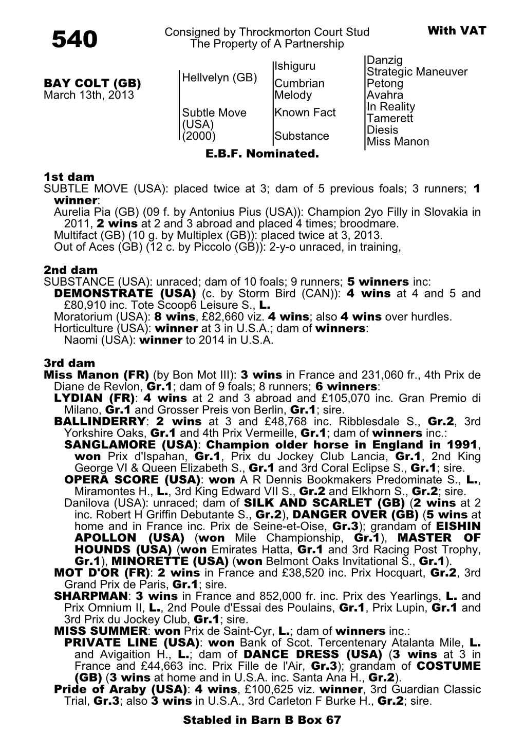 0101Y98.DSI 00Subtle Move (USA)|2013|C|A|2378445 Consigned by Throckmorton Court Stud with VAT 540 the Property of a Partnership