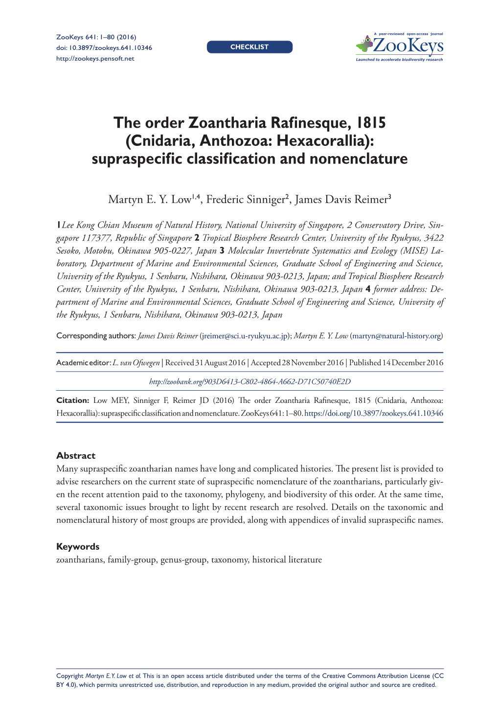 Cnidaria, Anthozoa: Hexacorallia): Supraspecific Classification and Nomenclature