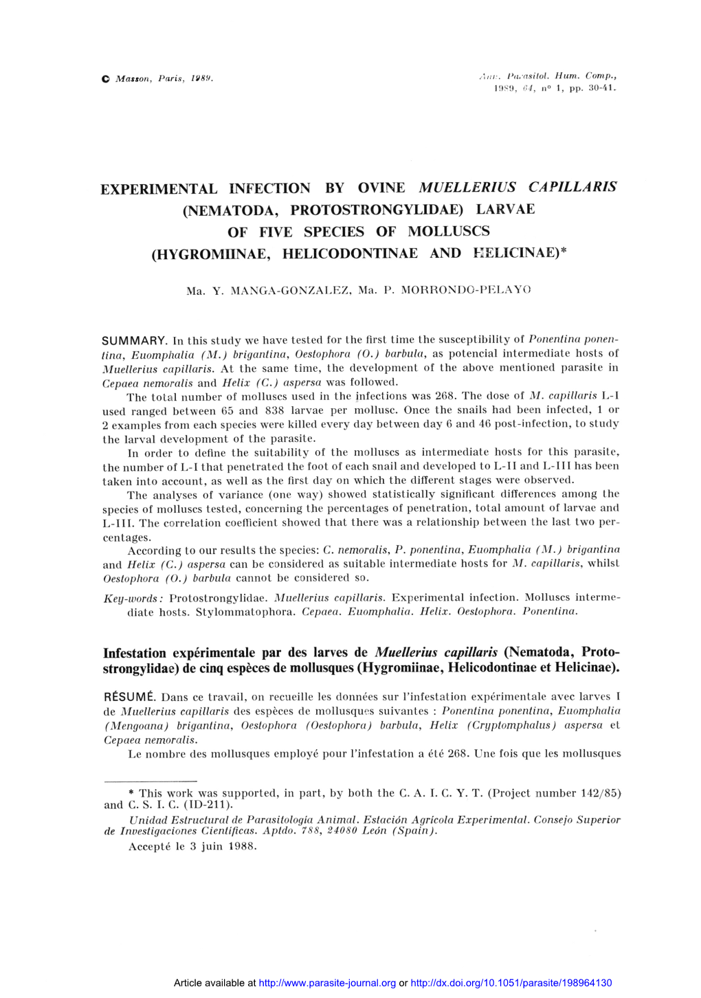 Experimental Infection by Ovine Muellerius Capillaris (Nematoda, Protostrongylidae) Larvae of Five Species of Molluscs (Hygromiinae, Helicodontinae and Kelicinae)*