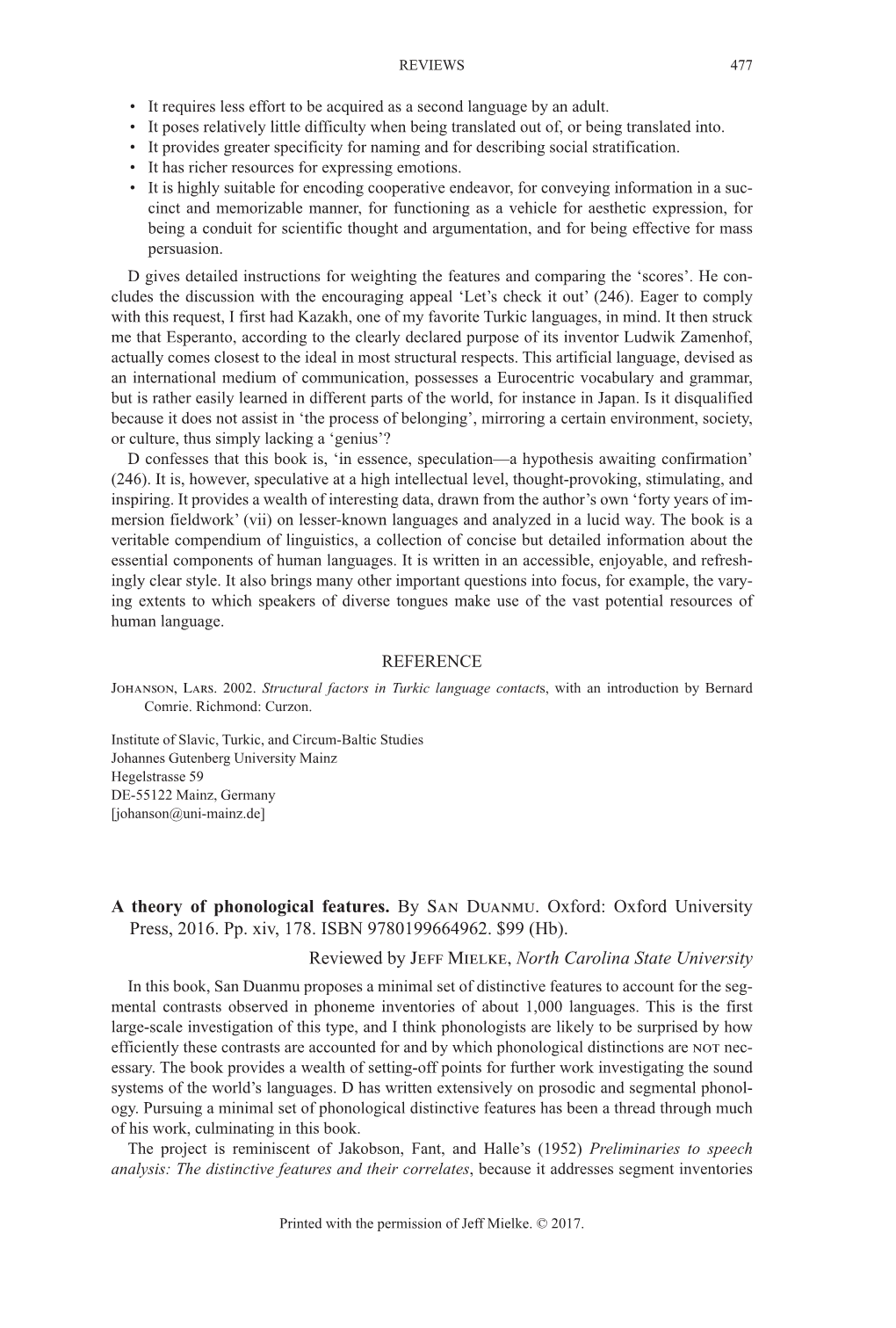 A Theory of Phonological Features. by San Duanmu. Oxford: Oxford University Press, 2016