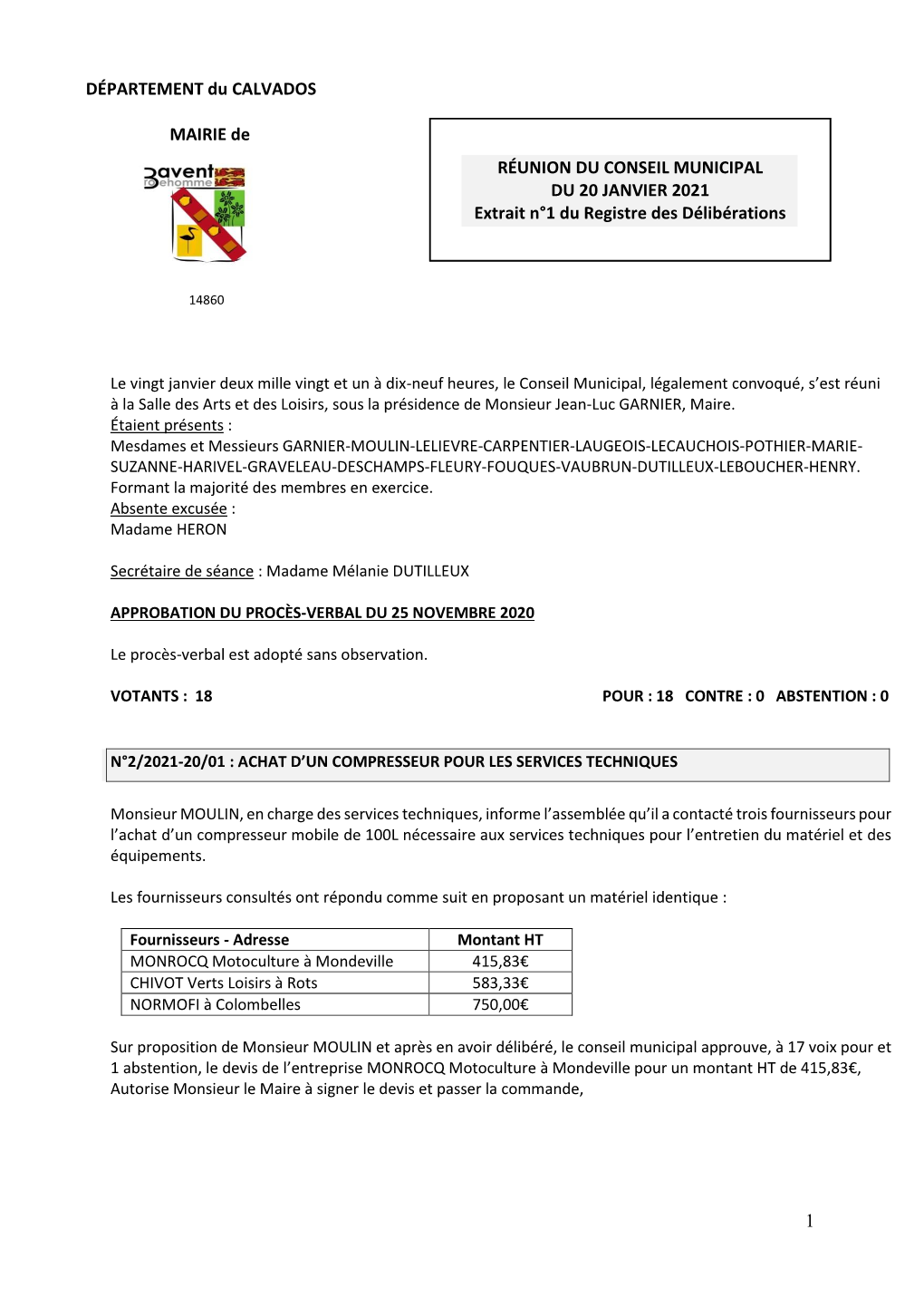 1 DÉPARTEMENT Du CALVADOS MAIRIE De RÉUNION DU CONSEIL MUNICIPAL DU 9 SEPTEMBRE 2020 Extrait Du Registre Des Délibératio