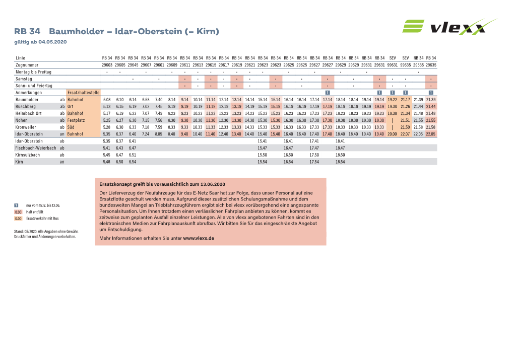 RB 34 Baumholder – Idar-Oberstein (– Kirn) Gültig Ab 04.05.2020