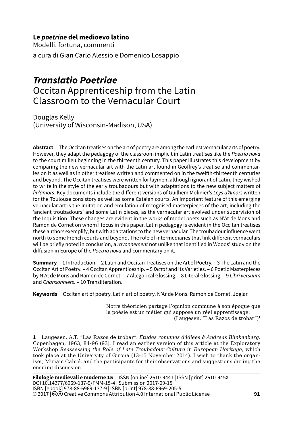 Translatio Poetriae Occitan Apprenticeship from the Latin Classroom to the Vernacular Court