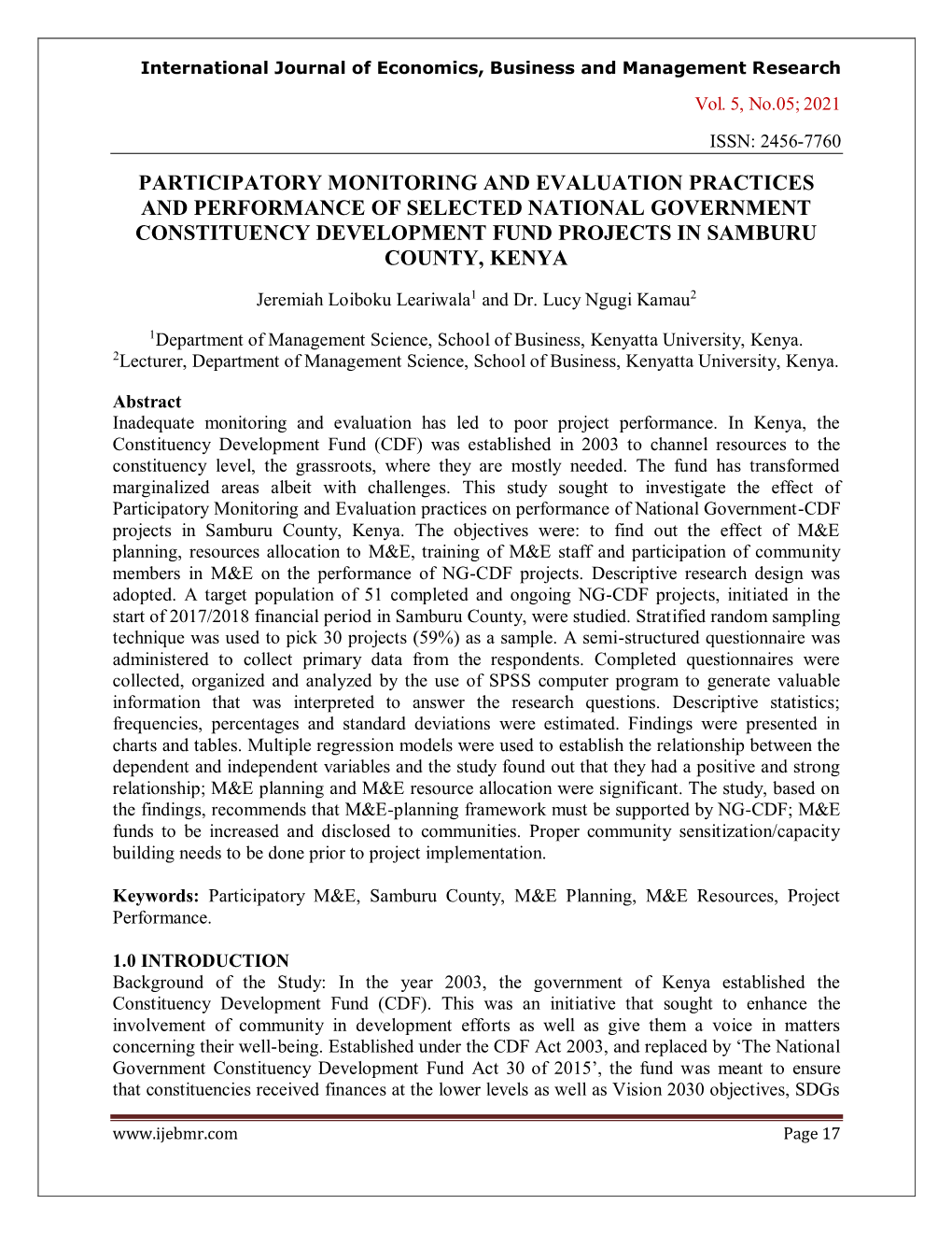 Participatory Monitoring and Evaluation Practices and Performance of Selected National Government Constituency Development Fund Projects in Samburu County, Kenya