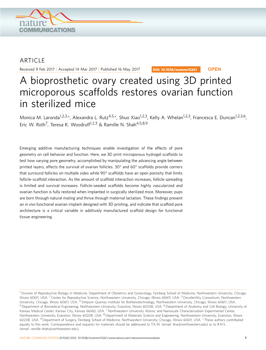 A Bioprosthetic Ovary Created Using 3D Printed Microporous Scaffolds Restores Ovarian Function in Sterilized Mice