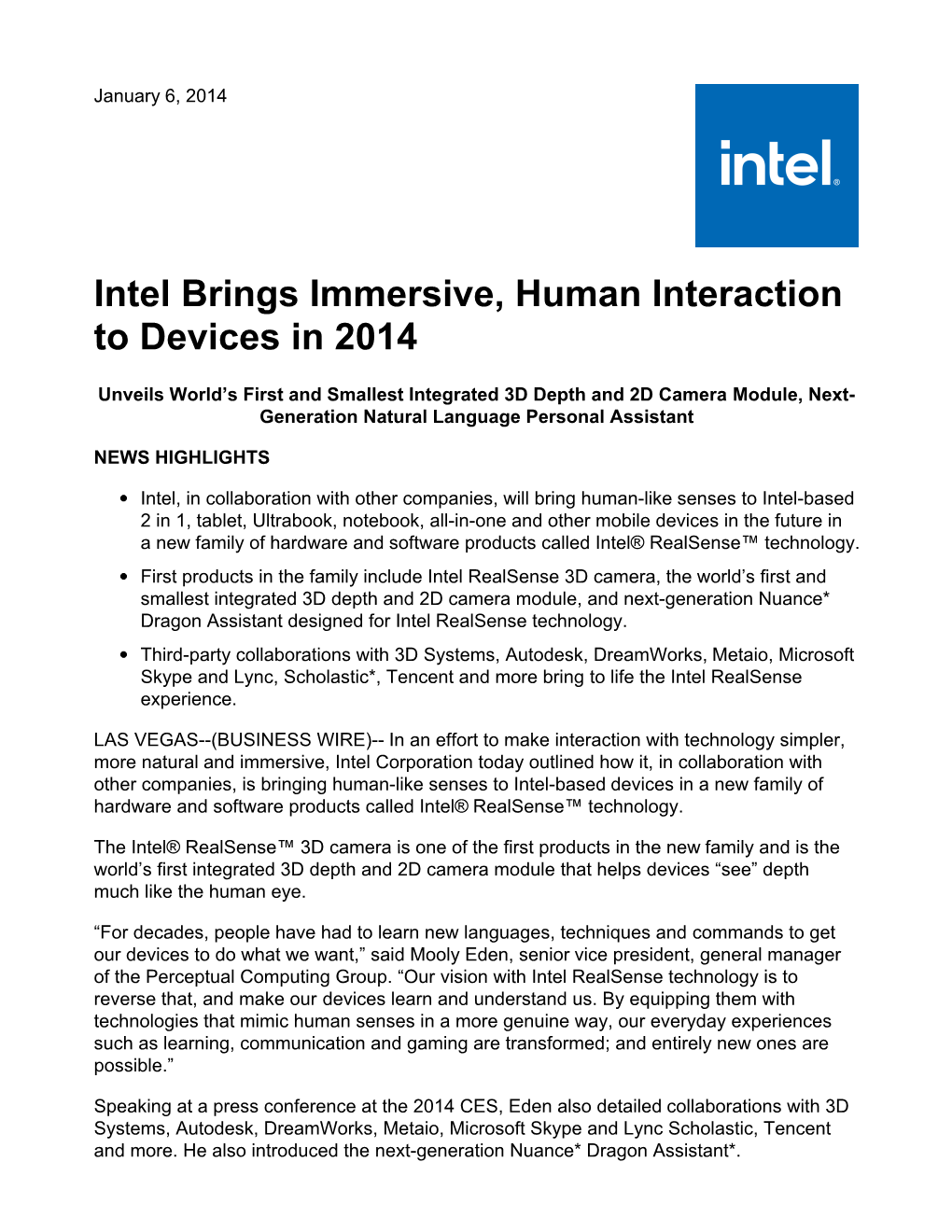Intel Brings Immersive, Human Interaction to Devices in 2014