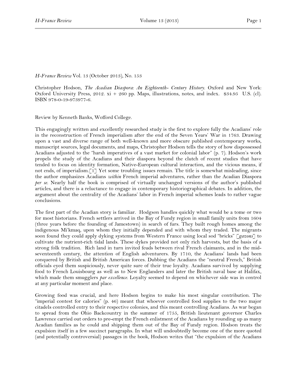 H-France Review Vol. 13 (October 2013), No. 153 Christopher Hodson