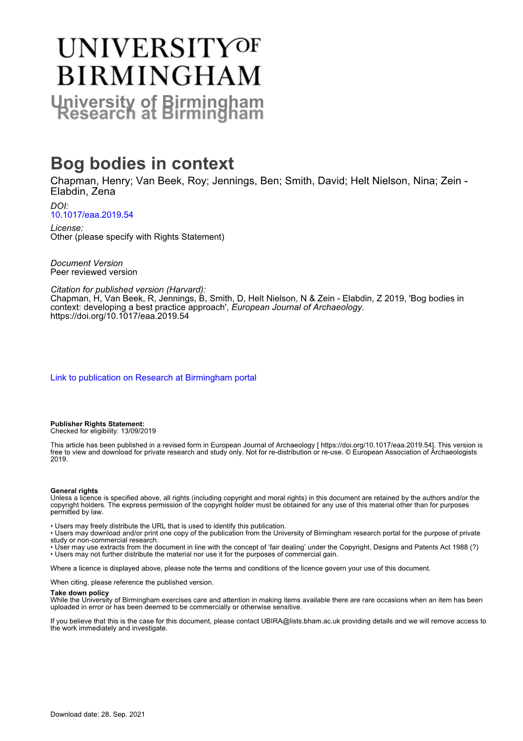 University of Birmingham Bog Bodies in Context