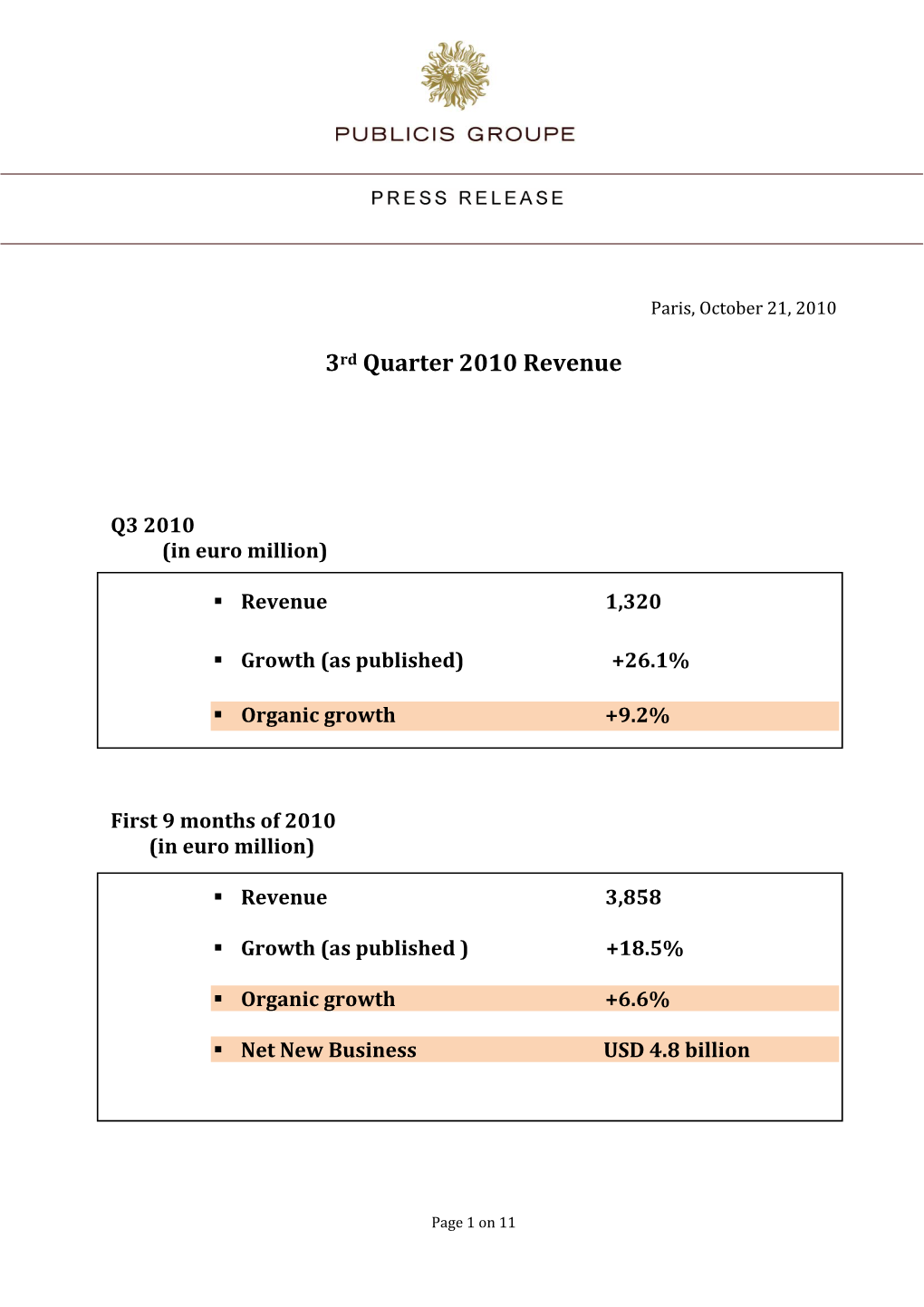 3Rd Quarter 2010 Revenue