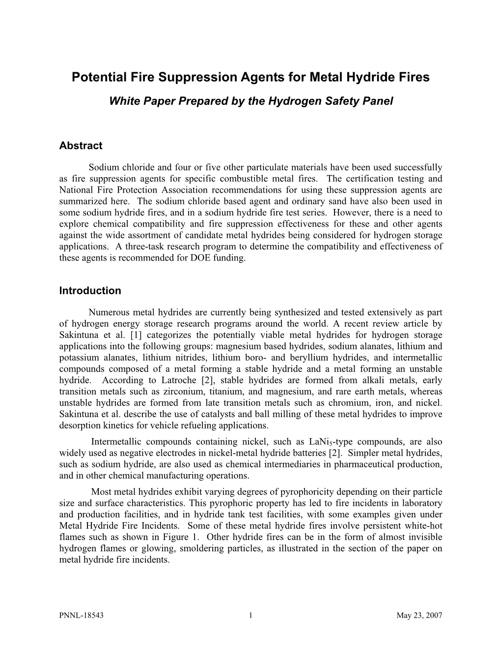 Potential Fire Suppression Agents for Metal Hydride Fires