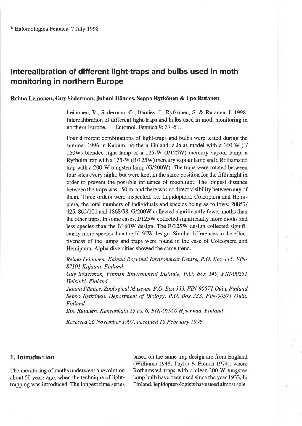 Intercalibration of Different Light-Traps and Bulbs Used in Moth Monitoring in Northern Europe