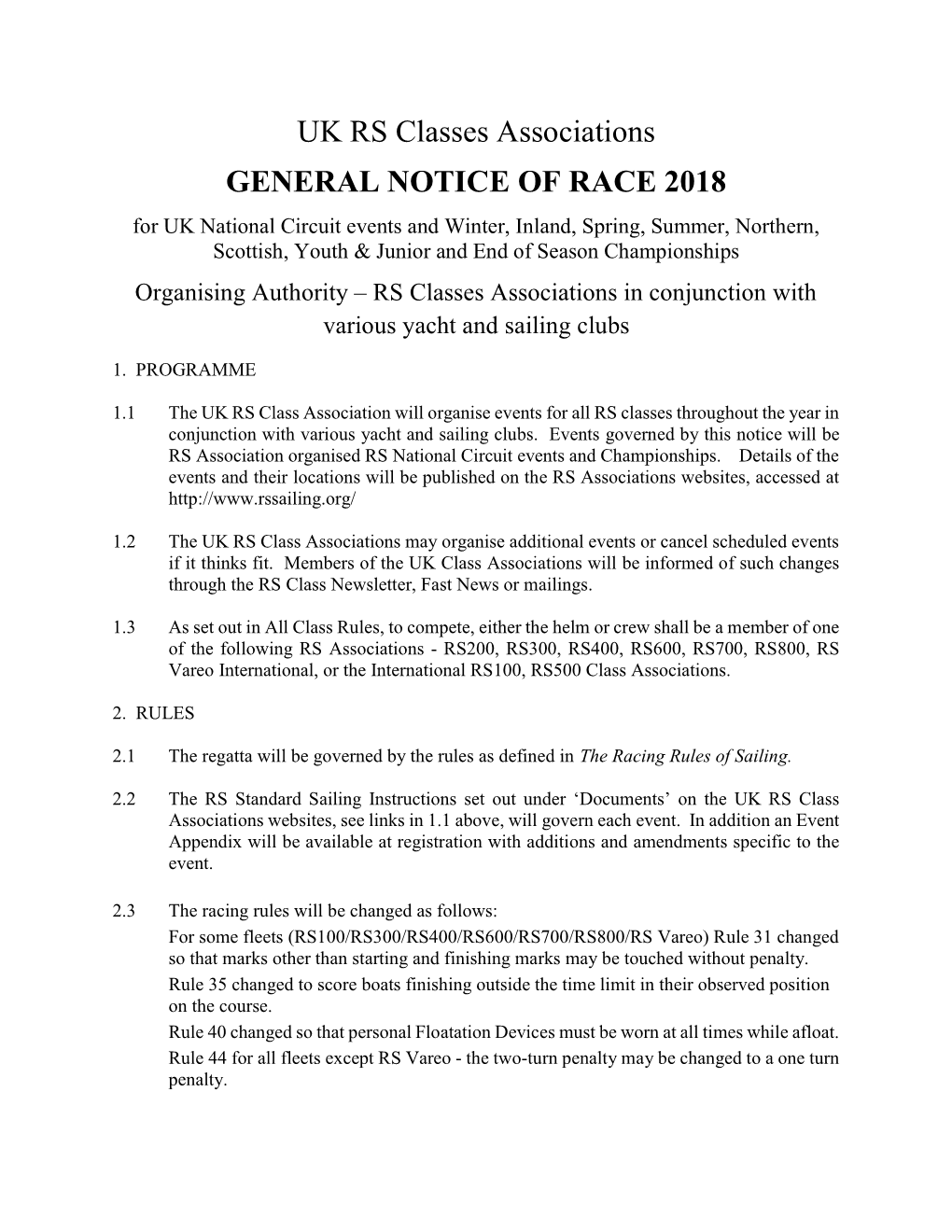 UK RS Classes Associations GENERAL NOTICE of RACE 2018