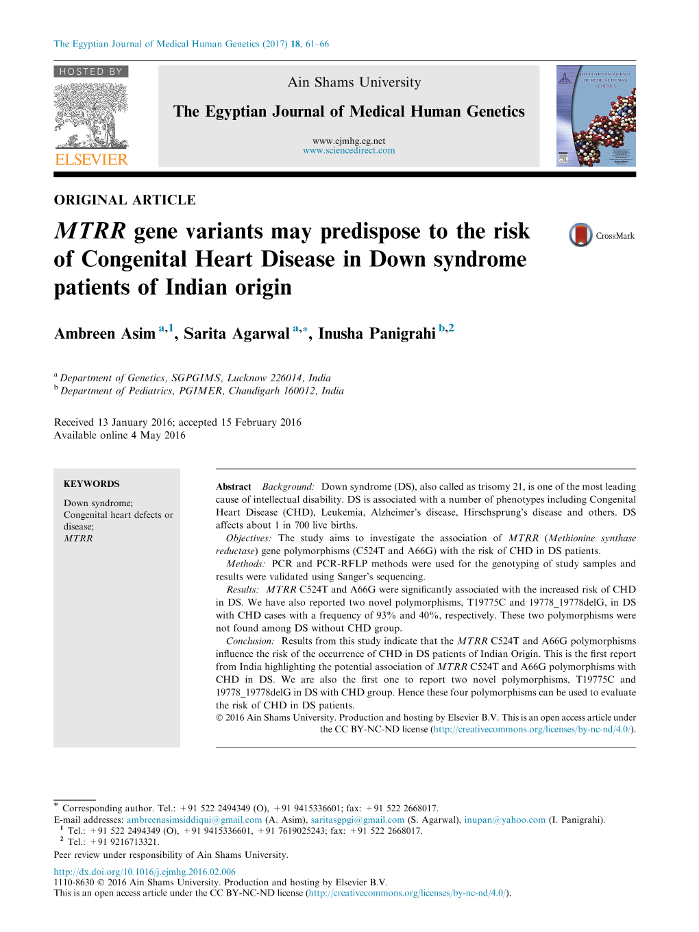 MTRR Gene Variants May Predispose to the Risk of Congenital Heart Disease in Down Syndrome Patients of Indian Origin
