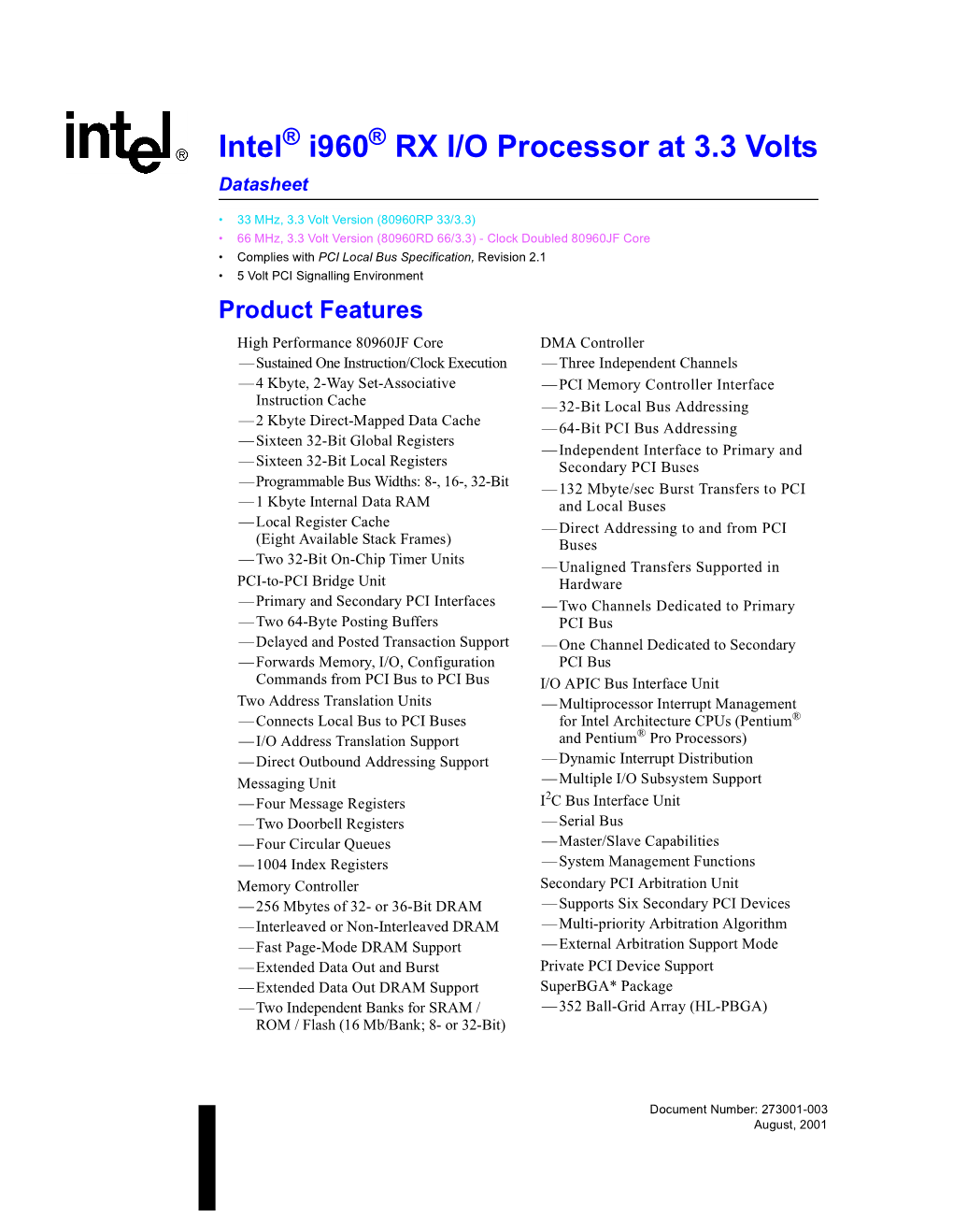 Intel I960 RX I/O Processor at 3.3 Volts
