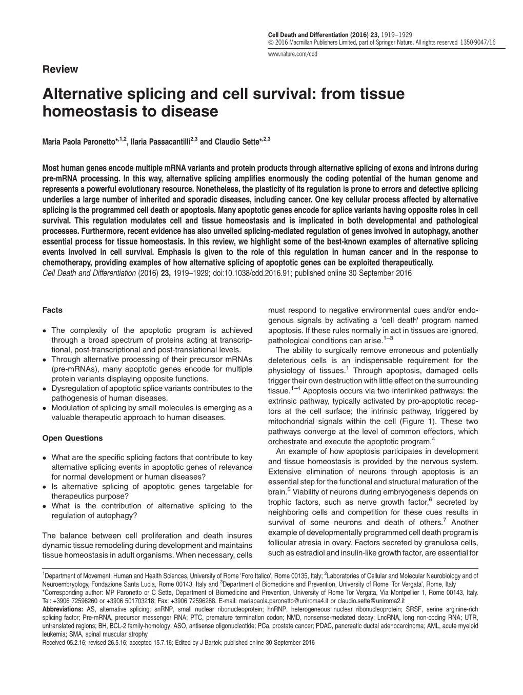 Alternative Splicing and Cell Survival: from Tissue Homeostasis to Disease