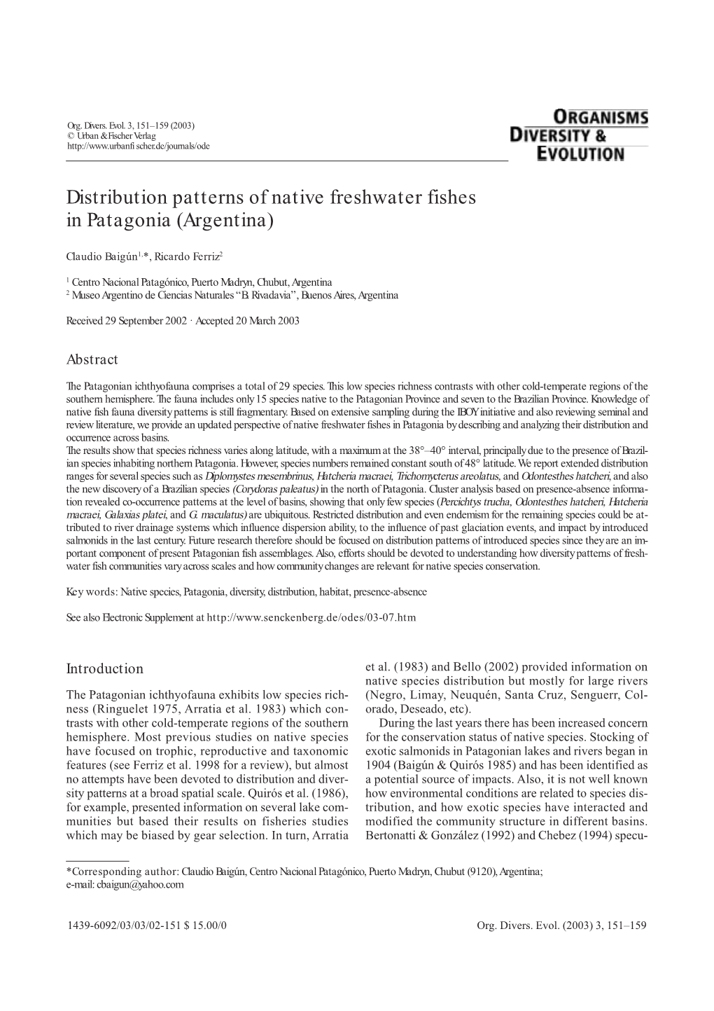 Distribution Patterns of Native Freshwater Fishes in Patagonia (Argentina)