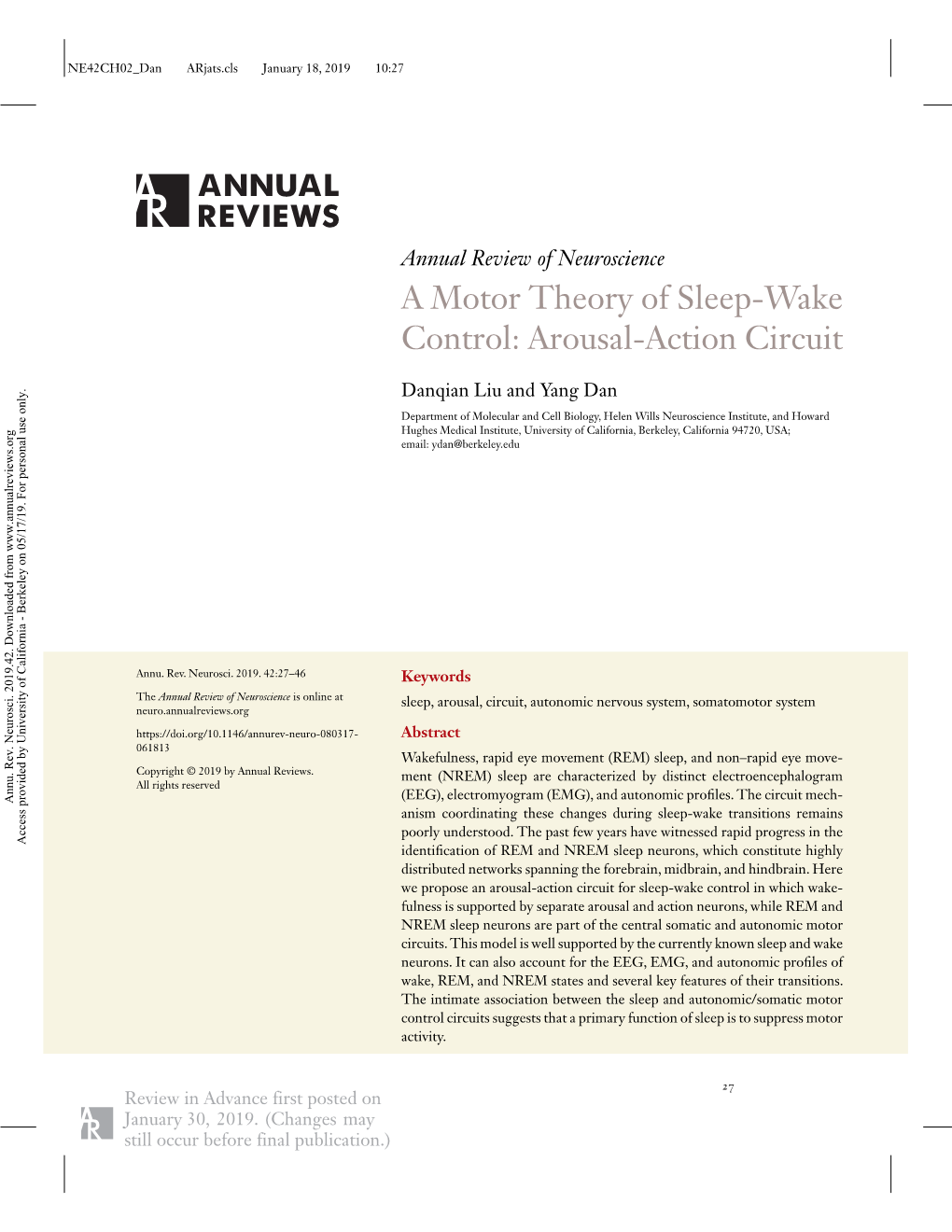 A Motor Theory of Sleep-Wake Control: Arousal-Action Circuit