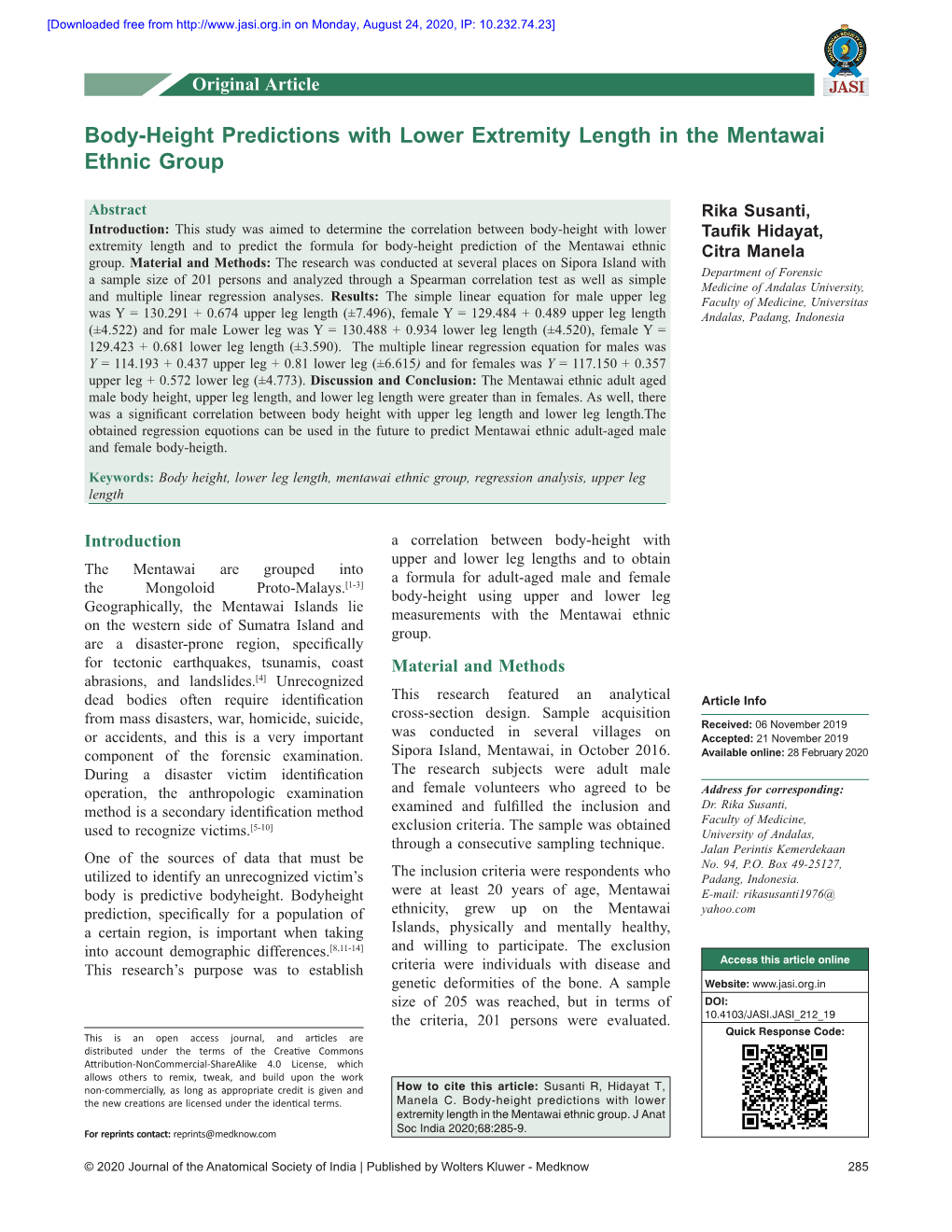 Body‑Height Predictions with Lower Extremity Length in the Mentawai Ethnic Group