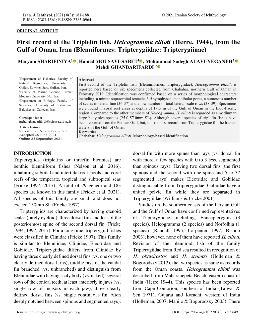 First Record of the Triplefin Fish, Helcogramma Ellioti (Herre, 1944), from the Gulf of Oman, Iran (Blenniformes: Tripterygiidae: Tripterygiinae)