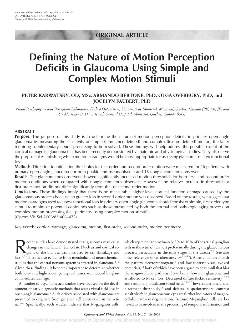 Defining the Nature of Motion Perception Deficits in Glaucoma Using Simple and Complex Motion Stimuli