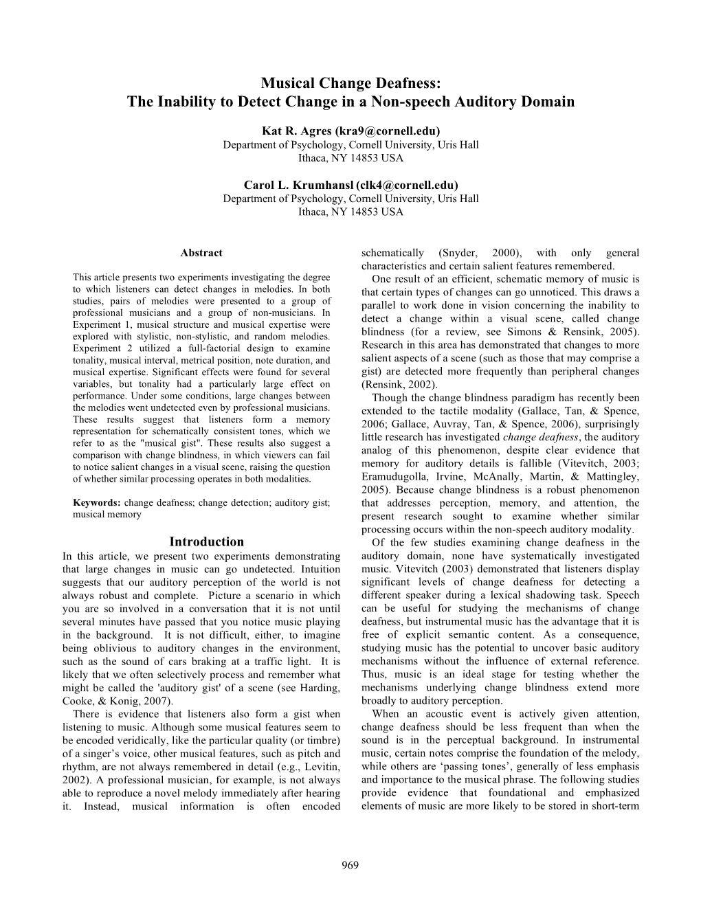 Musical Change Deafness: the Inability to Detect Change in a Non-Speech Auditory Domain