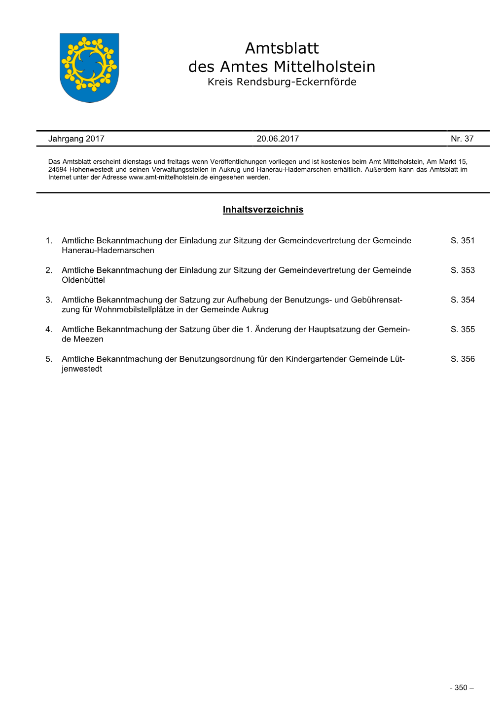 Amtsblatt Des Amtes Mittelholstein Nr. 37 Vom 20.06.2017