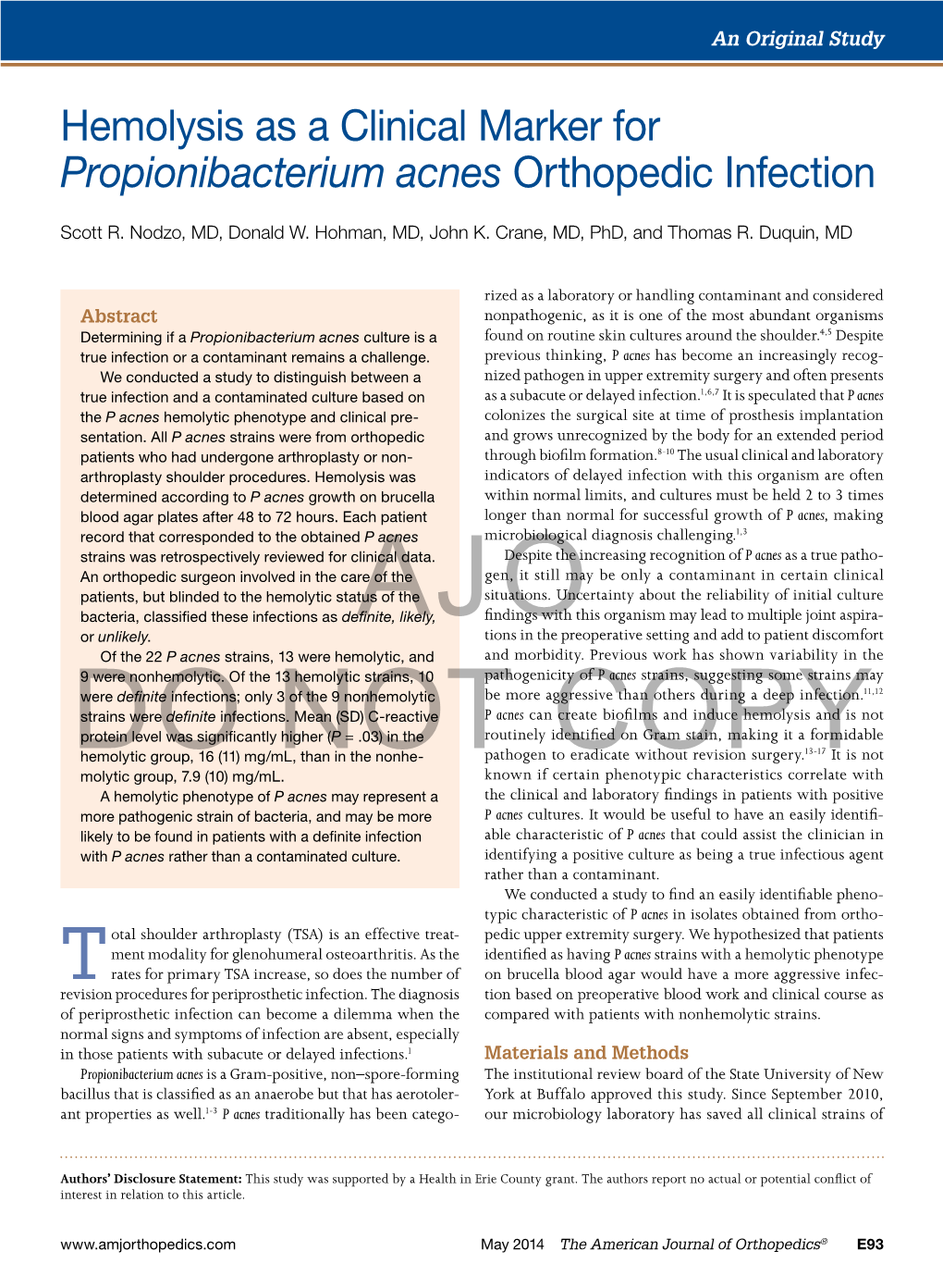 Hemolysis As a Clinical Marker for Propionibacterium Acnes Orthopedic Infection
