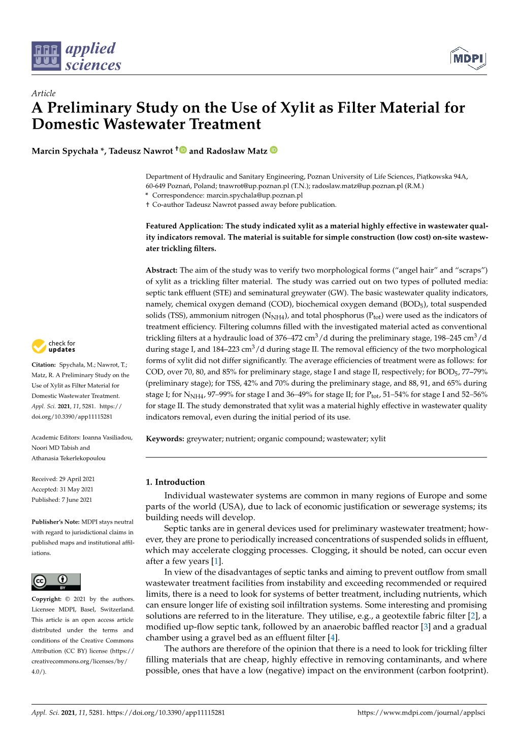 A Preliminary Study on the Use of Xylit As Filter Material for Domestic Wastewater Treatment