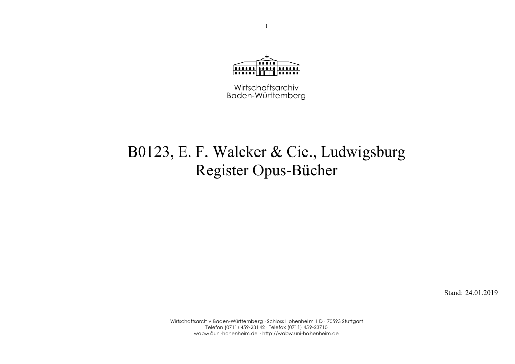 B0123, E. F. Walcker & Cie., Ludwigsburg Register Opus-Bücher