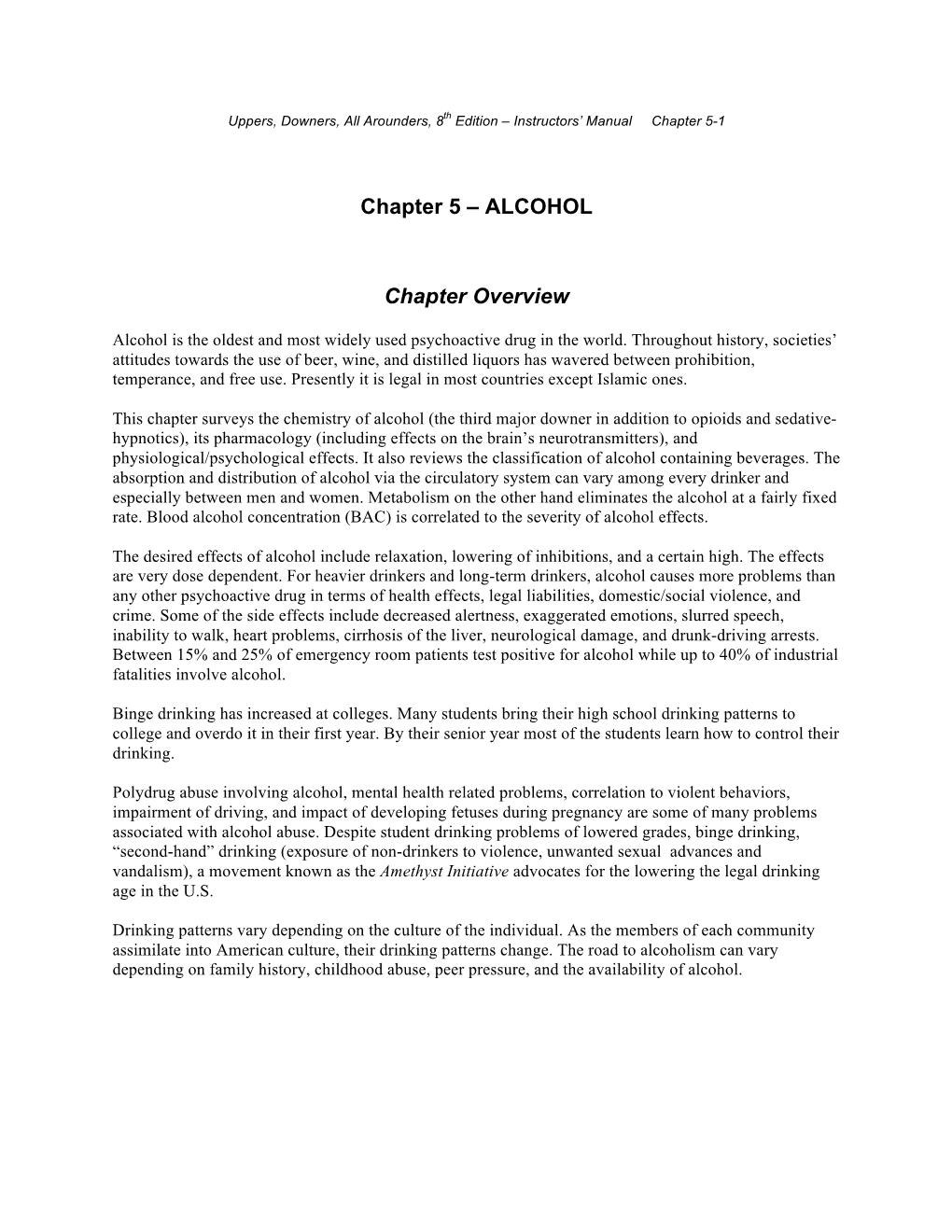 Chapter 5 – ALCOHOL Chapter Overview