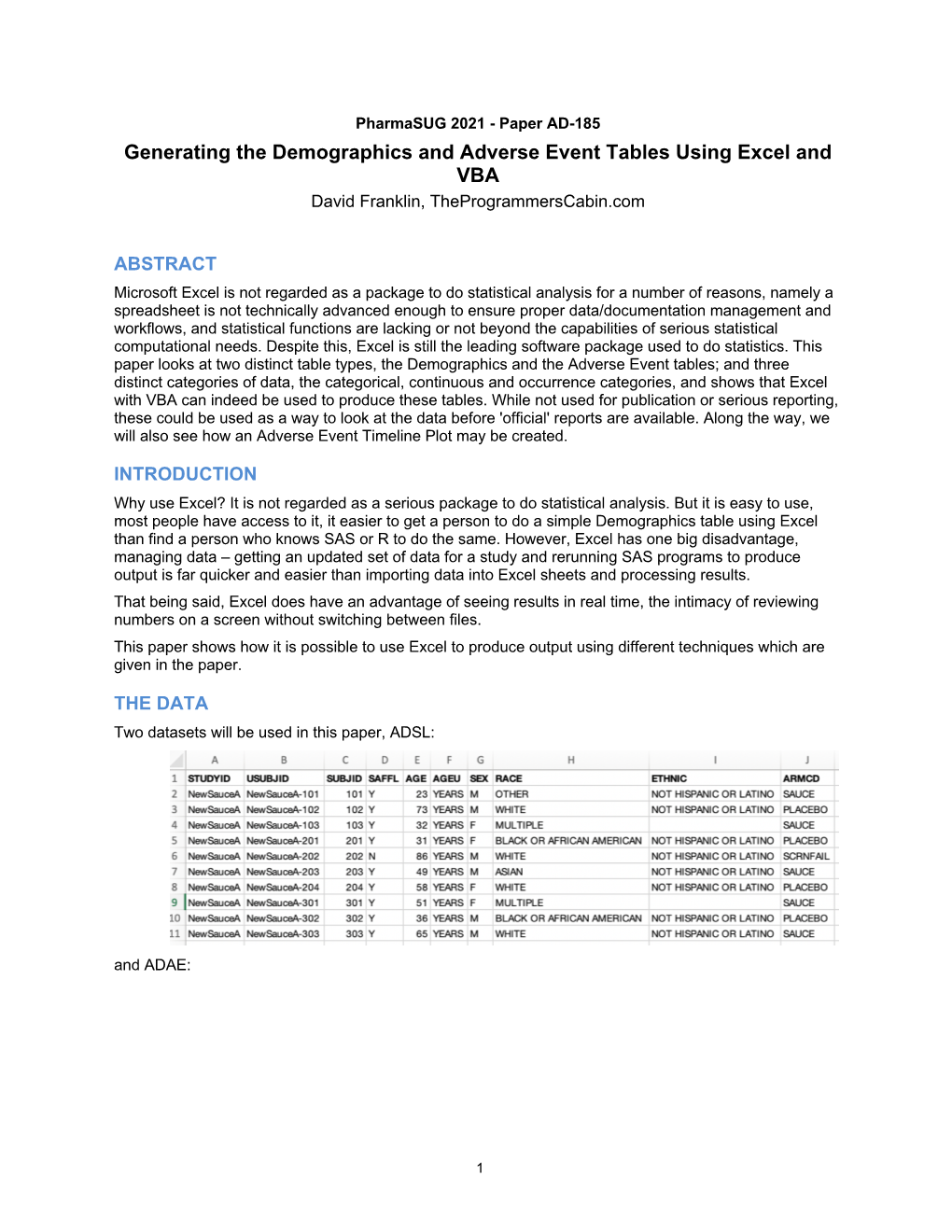 Generating the Demographics and Adverse Event Tables Using Excel and VBA David Franklin, Theprogrammerscabin.Com