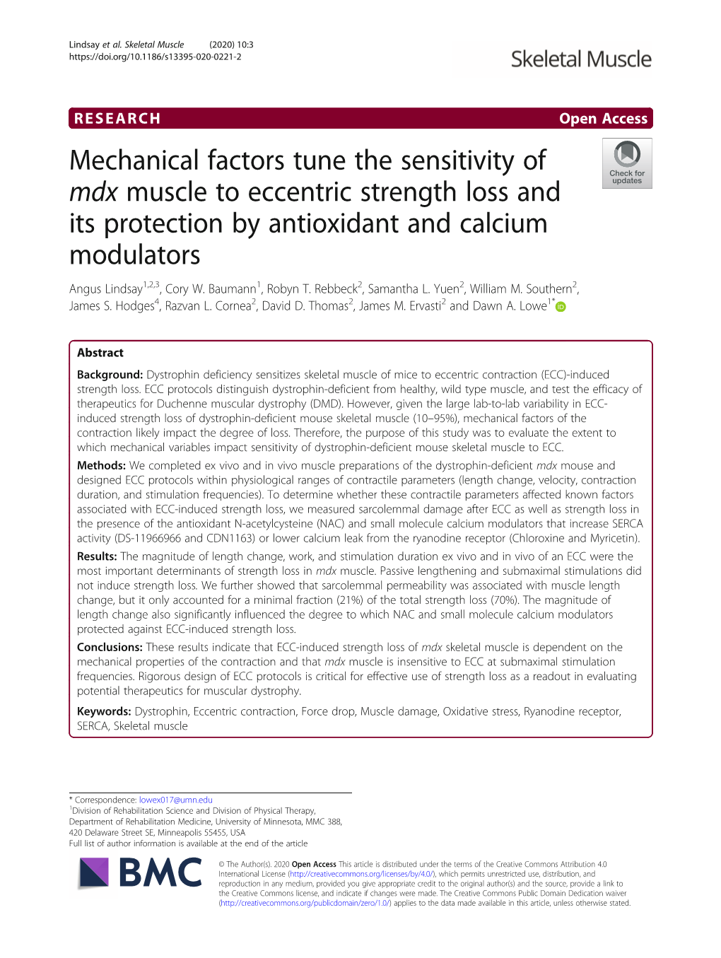 Mechanical Factors Tune the Sensitivity of Mdx Muscle to Eccentric Strength Loss and Its Protection by Antioxidant and Calcium Modulators Angus Lindsay1,2,3, Cory W