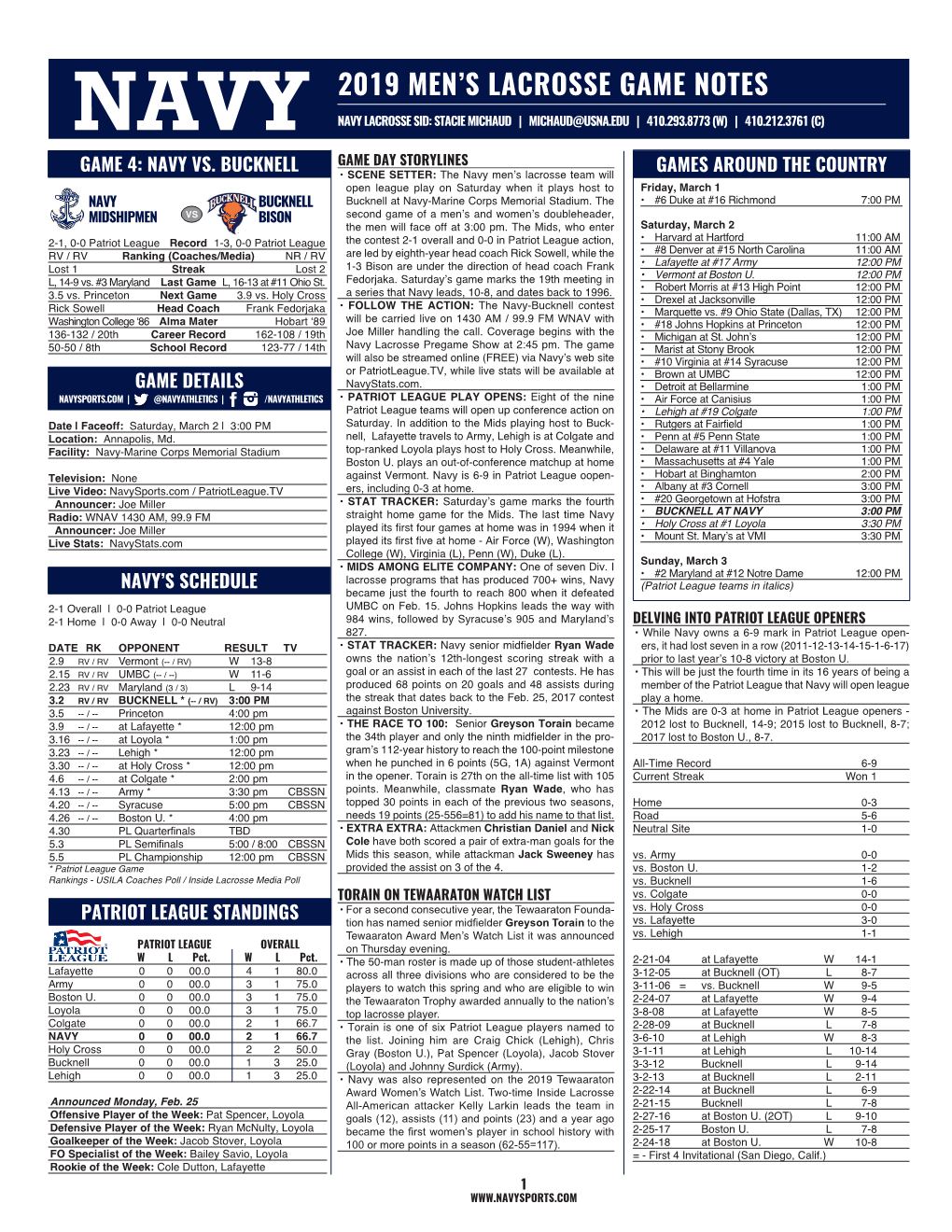 Navy 2019 Men's Lacrosse Game Notes