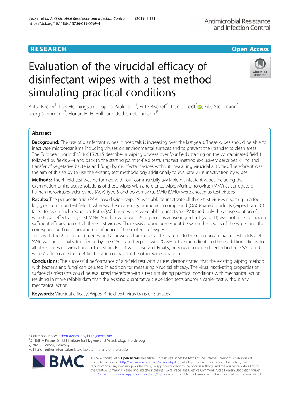 Evaluation of the Virucidal Efficacy of Disinfectant Wipes with a Test