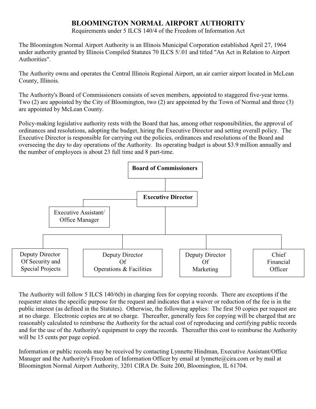 BLOOMINGTON NORMAL AIRPORT AUTHORITY Requirements Under 5 ILCS 140/4 of the Freedom of Information Act