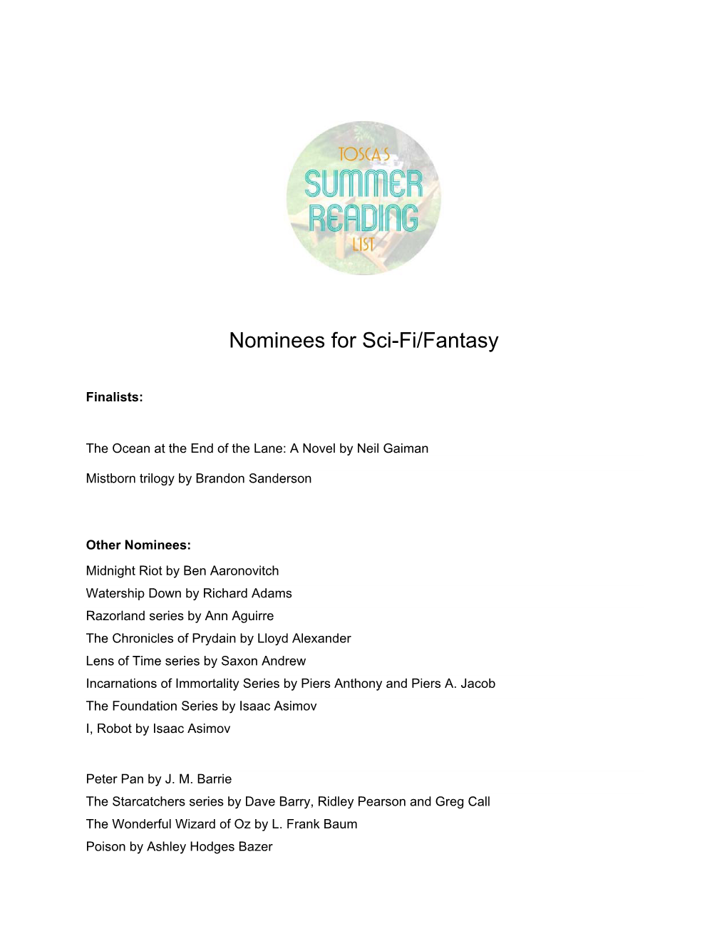 Nominees for Sci-Fi/Fantasy