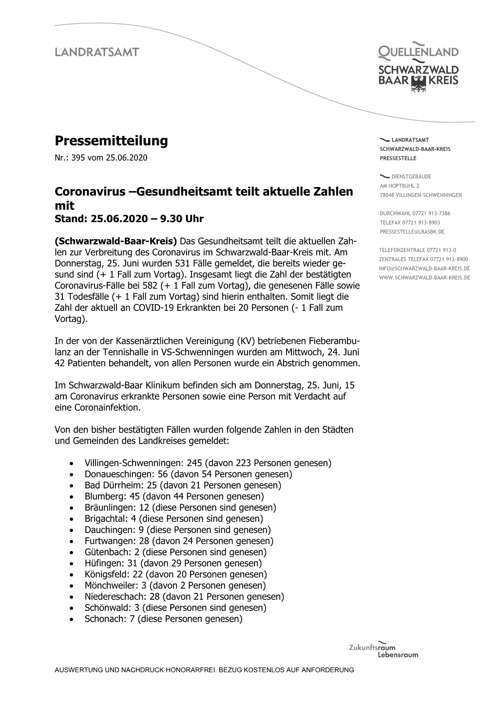 Pressemitteilung LANDRATSAMT SCHWARZWALD-BAAR-KREIS Nr.: 395 Vom 25.06.2020 PRESSESTELLE