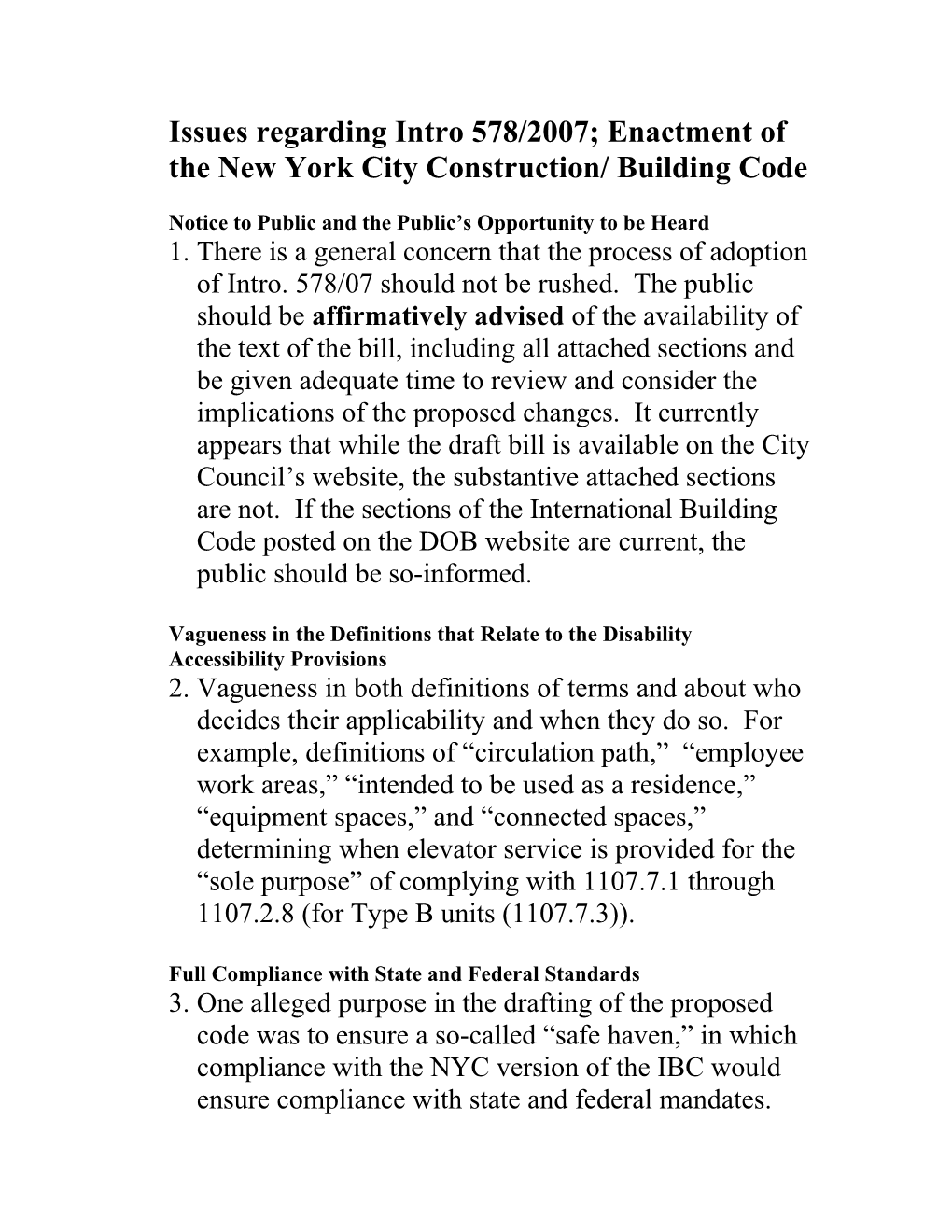 Issues Regarding Intro 578/2007; Enactment of the New York City Construction/ Building Code