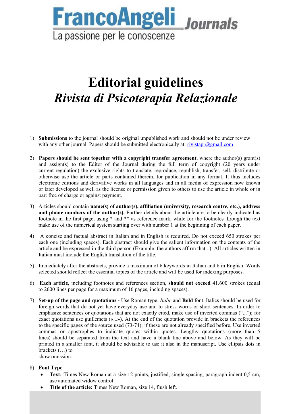 Editorial Guidelines Rivista Di Psicoterapia Relazionale