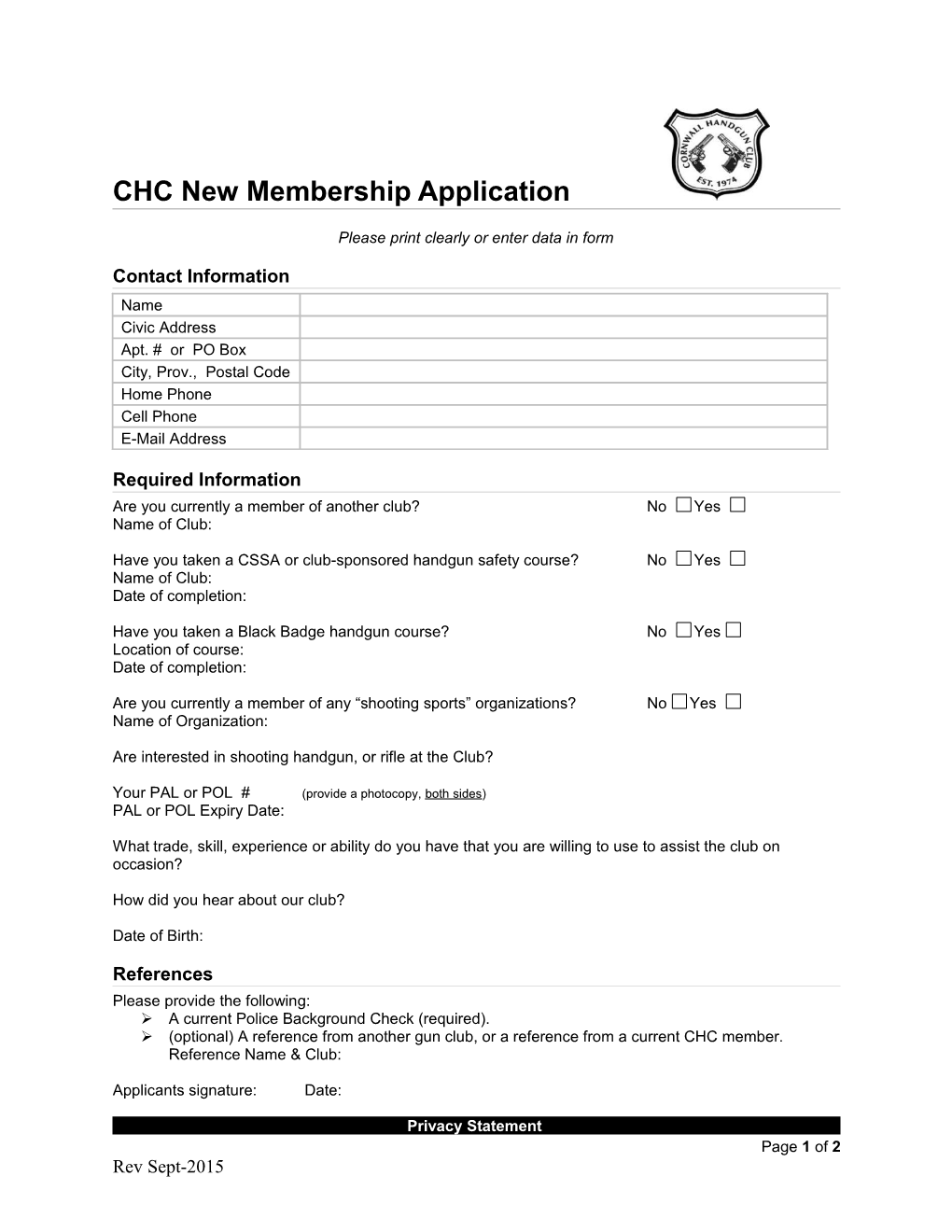 CHC New Membership Application