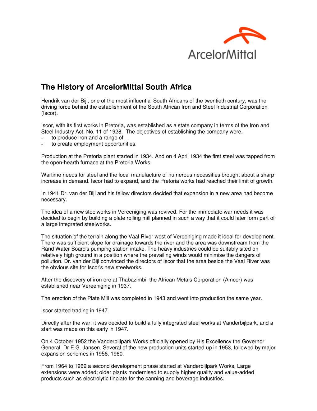 The History of Arcelormittal South Africa
